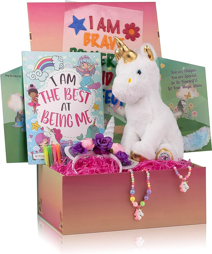 The Memory Building Company Kids Unicorn Princess Surprise Box for Girls & Boys, Includes Plush Toy, Coloring Book + Markers, Jewelry, Horn Headband, Birthday Activity Set for Ages 6 & Up