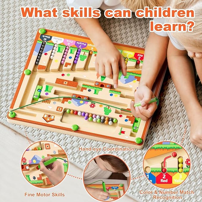 Magnetic Color and Number Maze for Montessori Toys,Wooden Matching Learning Counting Board for Toddler Ages 2-4,Toddler Fine Motor Skills Toys for Boys Girls