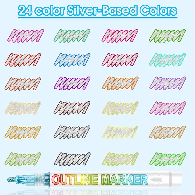 Glitter Markers Outline Glitter Pens, Tween Teen Girl Gifts Trendy Stuff, 24pcs Shimmer Metallic Outline Markers, Art Supplies Crafts Gifts for 4-12 Year Old Girls 6-8 9-12 10-12,Cute Cool Fun Crafts