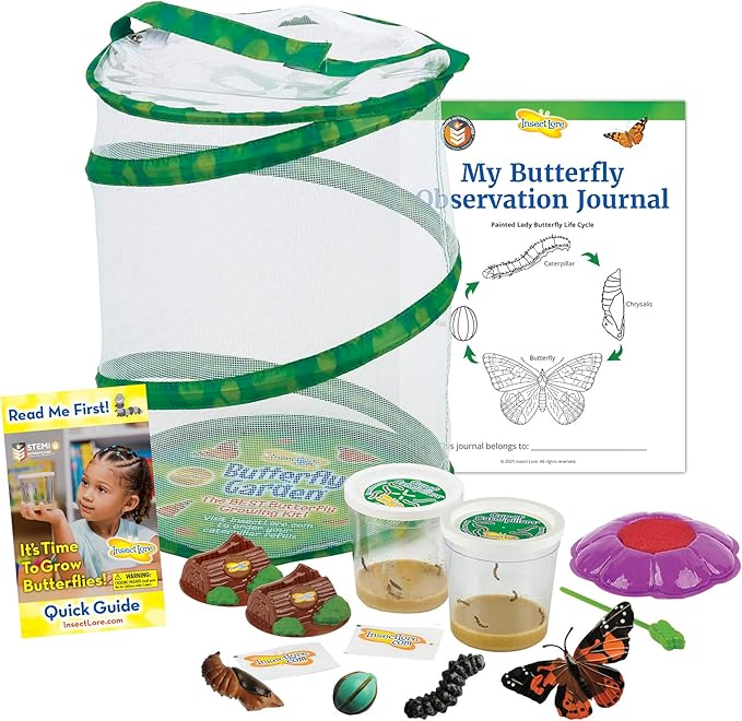 Butterfly Garden: Original Habitat and Two Live Cups of Caterpillars with Journal – Life Science & STEM Education – Butterfly Science Kit - Plus Butterfly Life Cycle Stages Figurines