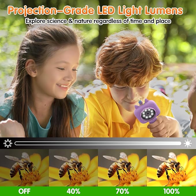 Kids Microscope - 2.4" IPS Screen, 600X-4800X Digital Magnification, LED Light, Purple Unicorn Silicone Cover, Educational Science Toy