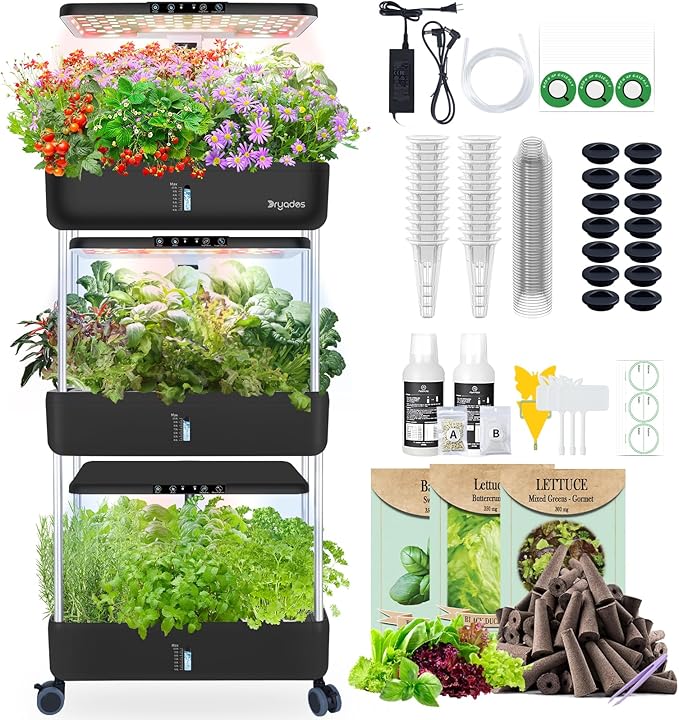 44-Pod Indoor Hydroponic Growing System + 3 Free Seeds Starter Kit (Lettuce, Salad Mixed, Basil Seeds) – Dual 53W Full-Spectrum LED, 10-L Water Tank, 2-Tier Grow Pods (66 Pods)