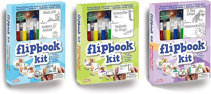 Fliptomania Bundle of 3 Flipbook Kits for Kids - Rocket & Robot, Frog and Butterfly, Dinosaurs - Save 15%