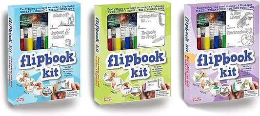 Fliptomania Bundle of 3 Flipbook Kits for Kids - Rocket & Robot, Frog and Butterfly, Dinosaurs - Save 15%
