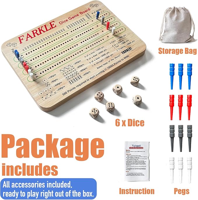 Tuiiopoli Farkle Dice Scoreboard Set, Paper& Pens- Free Design 4 Sets of Colored Player Pegs 6 Wooden Dice for Game Night Party Travel (Original Oak)