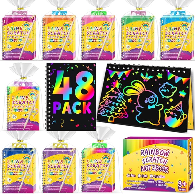 Party Favors for Kids 4-8-12: 48 Pack Scratch Rainbow Art Crafts Notebook, Coloring Book Goodie Bags Stuffers Kit, Bulk Birthday Easter Gift Classroom Prizes Girl Boy Toddler