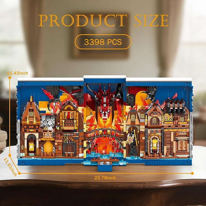 Reobrix Shire Booknook Building Set with Light, H.obbit-Themed DIY Bookend Building Block Kit for Adults, Medieval Dragon Book Nook 3398PCS, Bookshelf Home Decor for Kids Boys Girls Age 14+