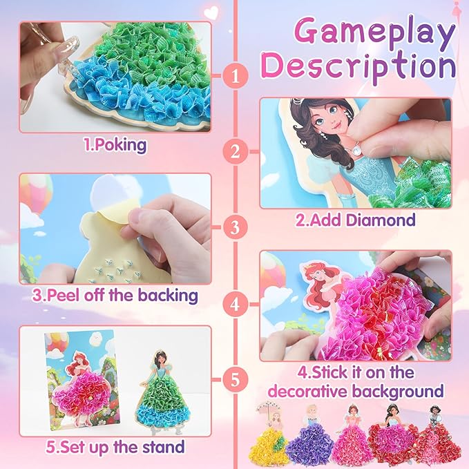 STAOVA 8 Pcs Poke in Art Kits for Girls, DIY Pretty Princess Game with Magical Princesses & 6 Pcs Accessories, Crafts for Kids Ages 4-8, 8-12 (Pink)