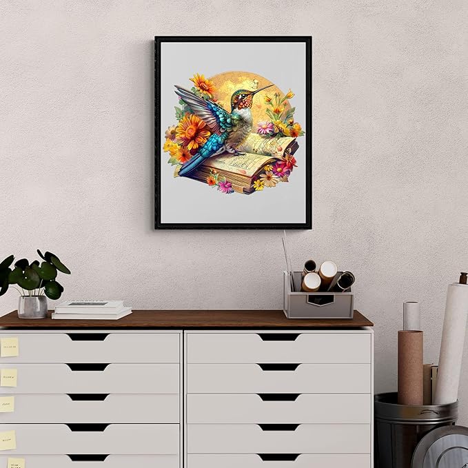 Wooden Puzzles for Adults,Hummingbird On The Book Wooden Jigsaw Puzzles,Unique Shape Advanced Animal Jigsaw Puzzle for Adults.(L-13.4x11.6In 230pcs)