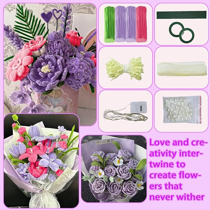LOLEDE Pipe Cleaners Craft Flowers Kit 400 Pcs, 400 Pcs 3 Colors 11.8inch Fuzzy Pipe Cleaners Bulk, 100 Pcs Stamen, Chenille Stems for DIY Flower Making Kit Crafts, Floral Stems & Ribbon(Purple)