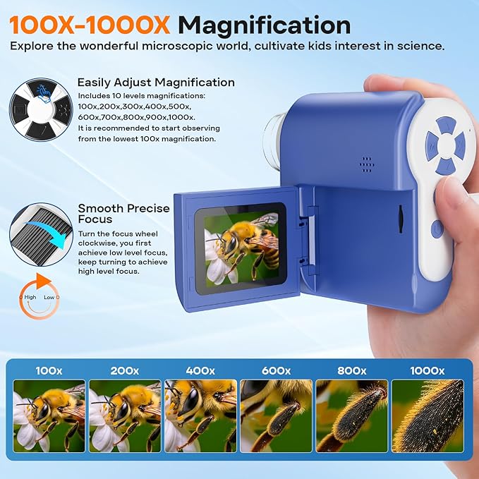 LAKWAR 1000X Handheld Digital Microscope for Kids: 4K 2.0" Screen Portable Digital Microscope for Kids 8-12 Home School Science Education (Blue)