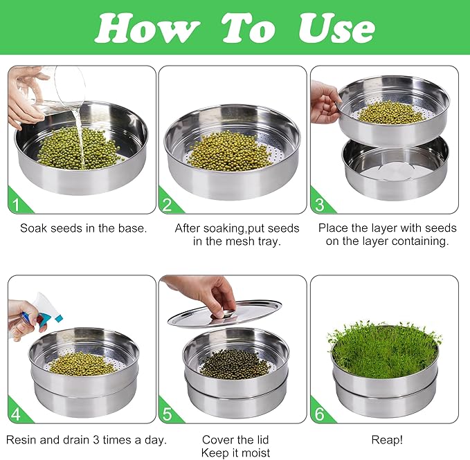 EBaokuup 5-Tier Stainless Steel Seed Sprouting Tray Kit-8.6" x 8.3" Stackable Mesh Seed Sprouting with Base & Lid-Seed Sprouting Germination Tray for Bean Sprouts Growing