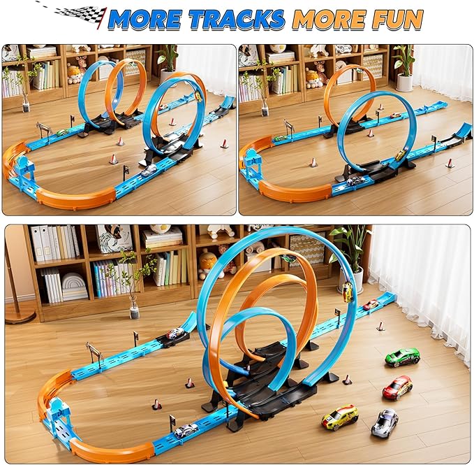 Toy Car Track Gift Set for Boys Kids Age 3-5 4-7 8-12, Long Race Tracks with 4 Action Loops and 4 High-Speed Slot Die-Cast Race Cars, 35+ Pieces Race Tracks to Create Multiple Configurations