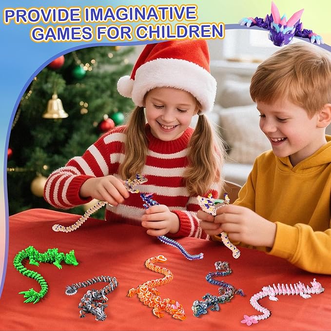3D Printed Dragon Easter Cookie Dragon and Multicolor Crystal Dragon, Articulated Fidget Toys for Autism and ADHD, Perfect Basket Essentials Stuffers and Desk Accessories