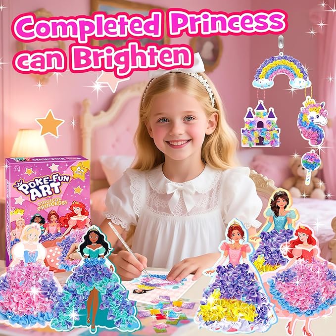 Poke in Fun Magical Princesses Kit, Arts and Crafts for Girls with 8 Magical Princesses, Mess-Free Fun for Kids, DIY Craft Kits, Gifts for Girls & Boys Ages 3-12
