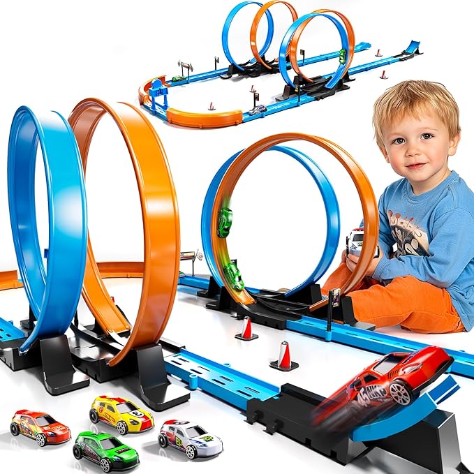Toy Car Track Gift Set for Boys Kids Age 3-5 4-7 8-12, Long Race Tracks with 4 Action Loops and 4 High-Speed Slot Die-Cast Race Cars, 35+ Pieces Race Tracks to Create Multiple Configurations