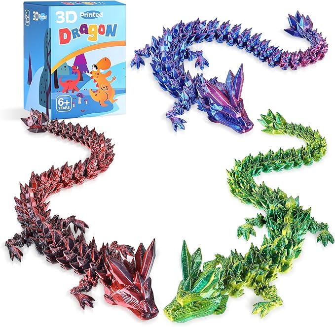 3pcs 12in 3D Printed Crystal Dragon,3D Printed Flexible Articulated Dragon,Home Office Decor Executive Desk Toys, Fidget Toys for Autism/ADHD