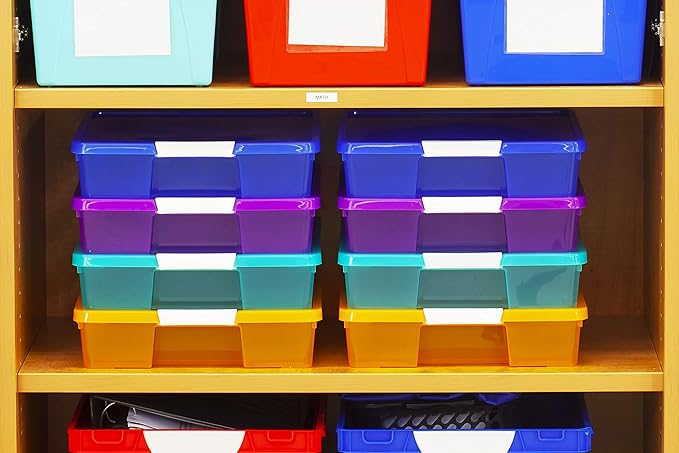 Storex Classroom Craft Project Box – Stacking Plastic Organizer Fits 12x12 Scrapbooking Paper, Assorted STEAM Colors, 5-Pack (63202C05C)