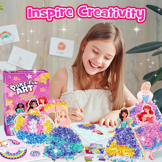 Poke in Fun Magical Princesses Kit, Arts and Crafts for Girls with 8 Magical Princesses, Mess-Free Fun for Kids, DIY Craft Kits, Gifts for Girls & Boys Ages 3-12