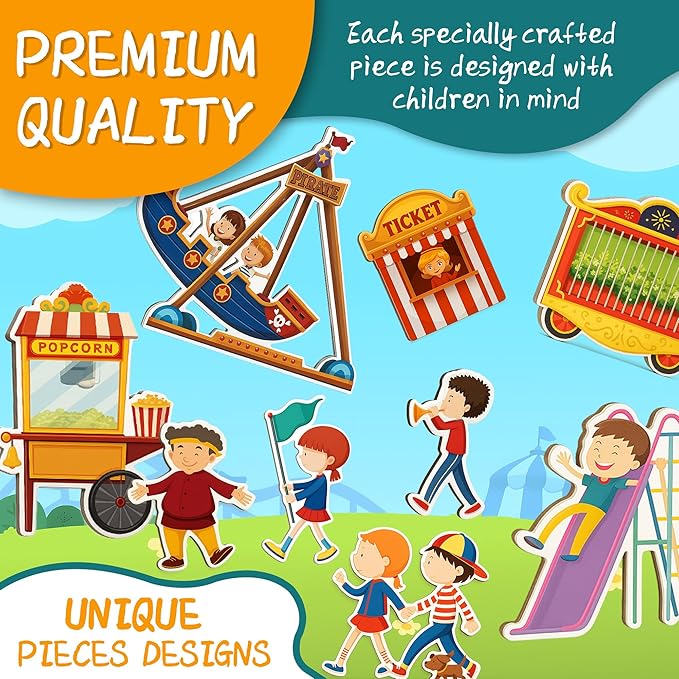 Magnet Toys Amusement Park Magnetic Jigsaw Puzzle for Toddlers, Montessori Quiet Travel Busy Book with 42 Magnets & 16 Activity Cards - Educational Carnival Airplane Toy Ages 3+