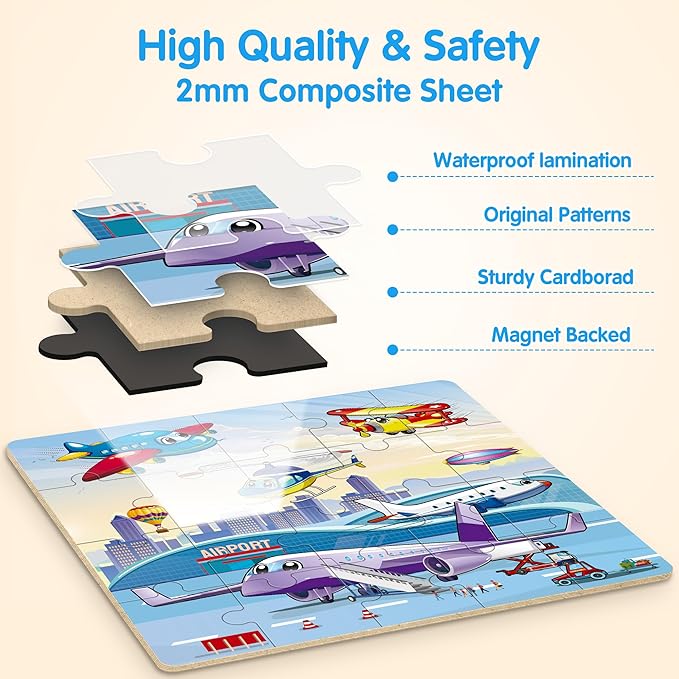 SYNARRY Air Land Water Transport Magnetic Puzzles for Toddlers 3-5, 20 Pieces Travel Puzzles for Kids Ages 4-6, Car Airplane Road Trip Activities Toys for 3 4 5 6 Year Old Boys Girls Birthday Gifts