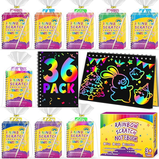Party Favors for Kids 4-8-12: 36 Pack Scratch Rainbow Art Notebook, Colorful Crafts Goodie Bags Kit, Bulk Gifts for Valentines Easter Basket Stuffers Birthday Girl Boy Children Classroom Prizes