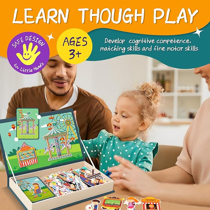 Magnet Toys Amusement Park Magnetic Jigsaw Puzzle for Toddlers, Montessori Quiet Travel Busy Book with 42 Magnets & 16 Activity Cards - Educational Carnival Airplane Toy Ages 3+