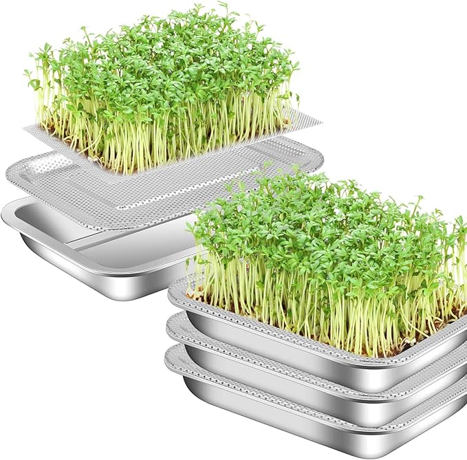 9 Pcs Seed Sprouting Kit Seed Sprouter Growing Tray Microgreens Growing Kit Stainless Steel Plant Germination Tray with Filter Pad Mesh Mat Bean Sprout Grower for Beans Broccoli Alfalfa Wheat Grass