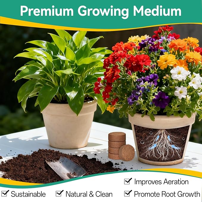 ZeeDix 50pcs(40mm) Coco Coir Pellets Potting Soil Indoor Plants, Compressed Coconut Coir Soil Pellets Seed Starting Pellets Soil Discs for Planting Flowers Bonsai Herbs Plants and Vegetables