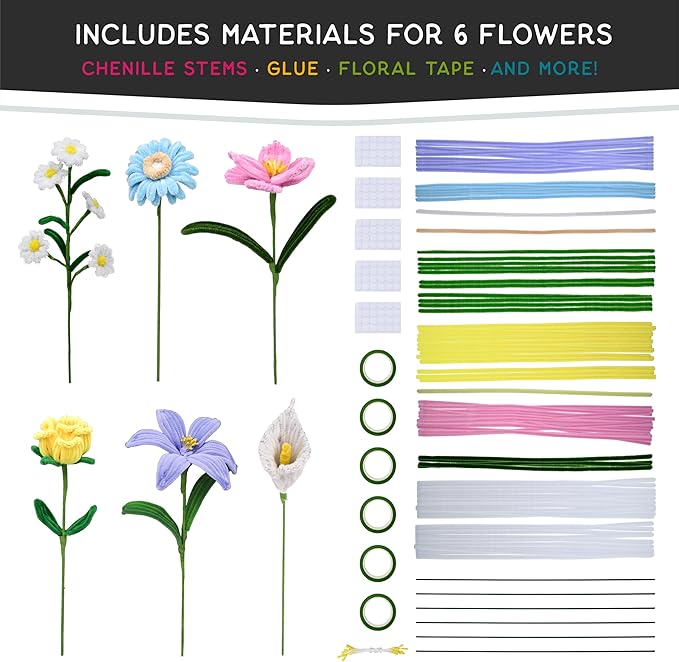 WeVeel Cozy Craftworks Chenille Stem Flower Craft Kit for Adults – Create 6 Colorful Blooms (Lily, Rose, Calla Lily, Tulip, Gerbera & Daisy) – Relaxing DIY Arts & Crafts Kit with All Supplies