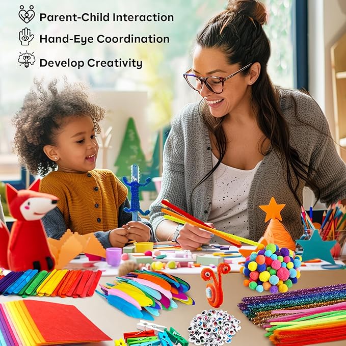 FUNZBO Arts and Crafts Supplies for Kids -Christmas Kids Craft Kit with Pipe Cleaners, Popsicle Sticks, Pompoms & Stickers, All in One Homeschool Supplies, Toys Crafts for Girls Boys Age 4+
