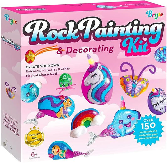 BRYTE Rock Painting Kit - Magical Creatures, Pink, 150+ Pieces - Waterproof Acrylic & Craft Paints, Brush - DIY Rock Art Kit with Art Supplies for Kids Ages 6-12