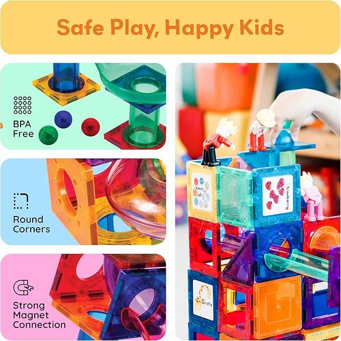 PicassoTiles 70pc Marble Run Magnetic Tiles STEM Set for Kids Ages 3 and Older Magnet Tile Marbles Maze Building Blocks Brain Development Toy Preschool Educational Learning Construction Playset PTG70