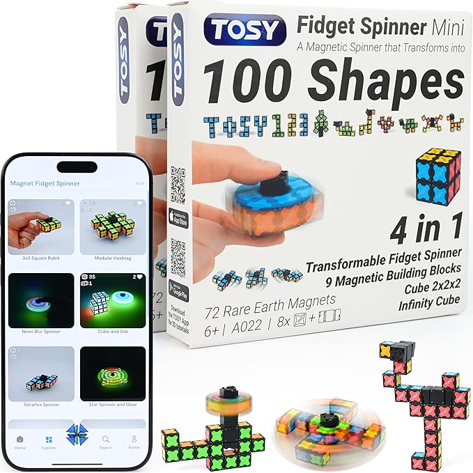 TOSY Magnet Fidget Spinner Mini - 8 Blocks, 3in1 Toy: Transformable Fidget Spinner, Infinity/Puzzle Cube, Christmas Stocking Stuffers Gift for Kids/Adults, STEM Sensory Stress Relief Toy, 2-Pack