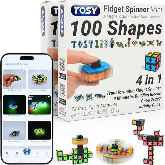 TOSY Magnet Fidget Spinner Mini - 8 Blocks, 3in1 Toy: Transformable Fidget Spinner, Infinity/Puzzle Cube, Christmas Stocking Stuffers Gift for Kids/Adults, STEM Sensory Stress Relief Toy, 2-Pack