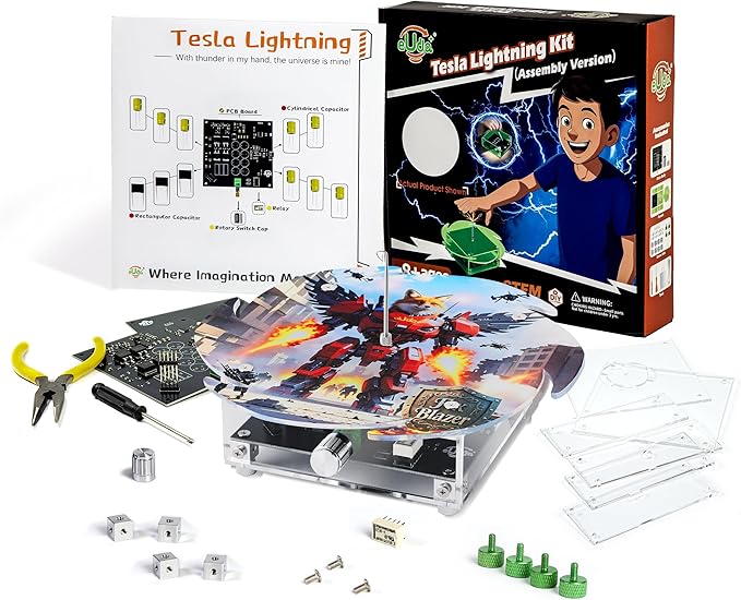 eUda+ STEM Tesla Lightning Kit – Easy DIY Electronic Science Kit – Perfect Christmas STEM Gift for Kids – Fun Hands-On Learning & Building Toy(Assembly Version) (Fire Wheel-Fox Blazer)