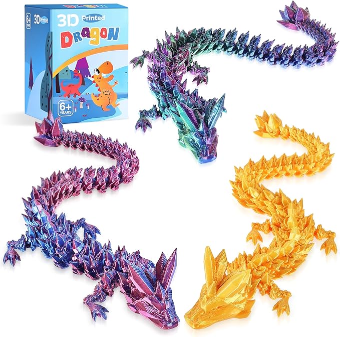 3pcs 12in 3D Printed Crystal Dragon,3D Printed Flexible Articulated Dragon,Home Office Decor Executive Desk Toys, Fidget Toys for Autism/ADHD