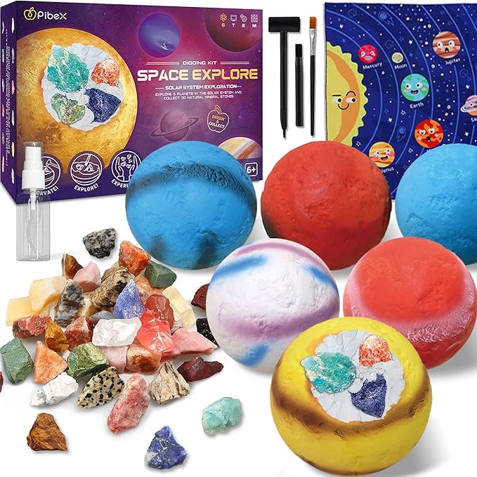 Gemstone Dig Kit, Dig up 30 Rocks & Minerals from 6 Solar System Planets, Archaeology Geology Science Experiment Activity Set, Space Explore Mining Toy for Kids, Gift for Boys & Girls Age 6-8-12