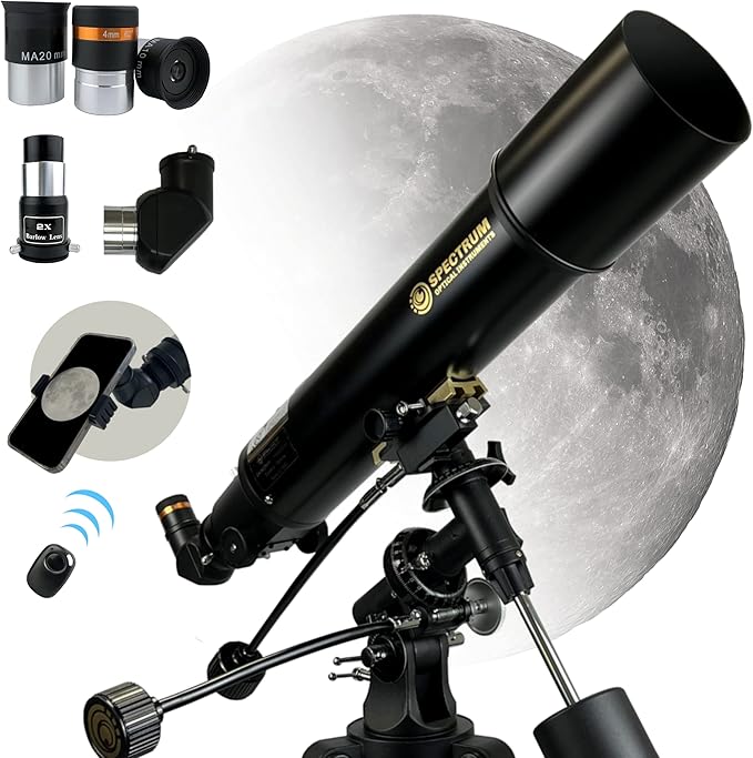 SpectrumOI Telescope for Adults and Kids, 102mm (4") Refractor Telescope, Beginner Telescope for Adults and Kids 8-12, EQ Mount Telescope, Telescopio Profesional with Phone Adapter Wireless Remote…