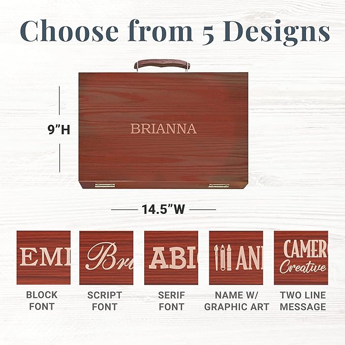 Let's Make Memories Personalized 80-Piece Deluxe Art Set - for Kids - Wood Carrying Case - Oil Crayons, Colored Pencils, Watercolors - Arts & Crafts - Customize with Name - Script Font