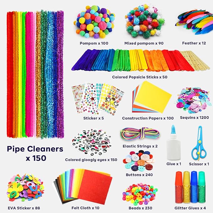 FUNZBO Arts and Crafts Supplies for Kids -Christmas Crafts Kits with Pipe Cleaners, Construction Paper, Pom poms Googly Eyes, Crafts for Kids Ages 4-8, School Craft Projects, Birathday Gifts for Girls