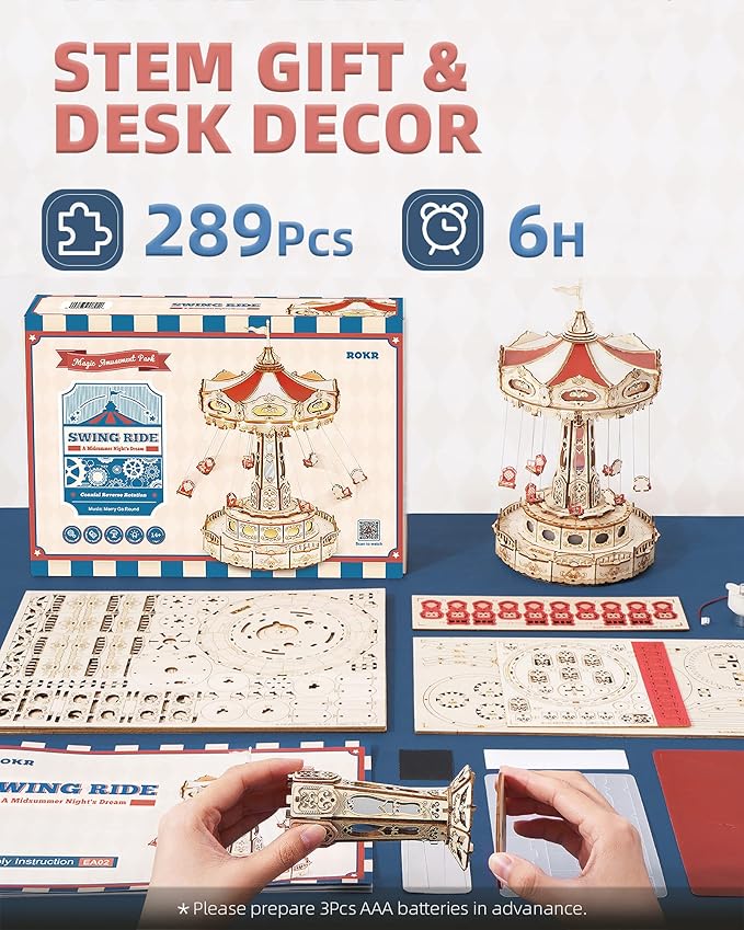 ROKR 3D Puzzles for Adults-Projects for Teens-LED Swing Ride Model Building Kit-Music Box DIY Kit-Gift for Teens and Adults