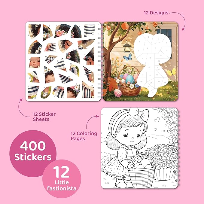 jackinthebox Sticker by Number Book, 12 Scenes Puzzle Paint by Sticker Book + Colouring Pages, Gifts for Birthday, Party Favor Toys for Girls, Arts & Crafts for Kids Age 7 8 9 10 - Little Fashionista