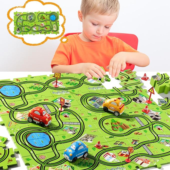 64 PCS Puzzle Track Car Set Toys for Kids Boys, Toddler Toys Gifts for 3 4 5 Year Old, Floor Puzzle Tracks Car for Boys Ages 3-5 4-6, for 3 4 5 6 Year Old