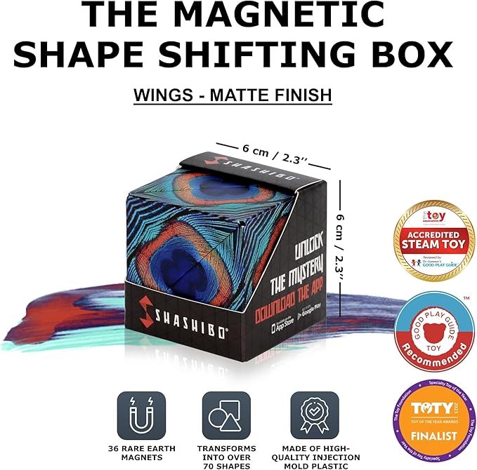 SHASHIBO Shape Shifting Box - Award-Winning Fidget Toy w/ 36 Rare Earth Magnets - Fidget Cube Transforms Into Over 70 Shapes, Sensory Toy Gift for Kids, Teens, and Adults (Wings)