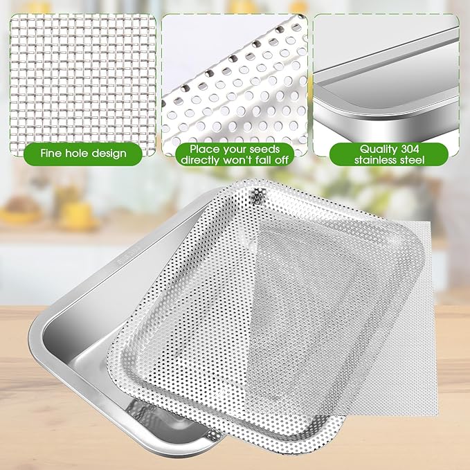 9 Pcs Seed Sprouting Kit Seed Sprouter Growing Tray Microgreens Growing Kit Stainless Steel Plant Germination Tray with Filter Pad Mesh Mat Bean Sprout Grower for Beans Broccoli Alfalfa Wheat Grass