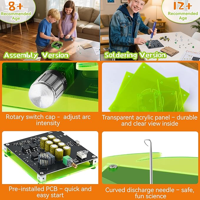 STEM Science Building Kit for Kids–Electronic Tesla Lightning Kit–Easy DIY Science Gadgets & Crafts–Unique Educational Gift Toys for Fun and Learning(Soldering Version) (Fire Wheel-Fluorescent Green)