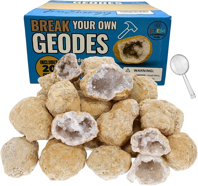 TRUENERGY Geodes for Kids Break Open Science Kit – 20 Medium Natural Crystal Geodes, 5X Easier to Open, Magnifying Glass & Learning Guide – STEM Science Rock Kit – Gift-Ready