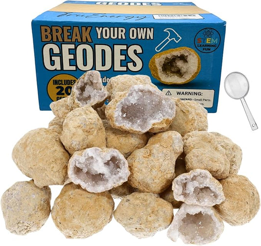 TRUENERGY Geodes for Kids Break Open Science Kit – 20 Medium Natural Crystal Geodes, 5X Easier to Open, Magnifying Glass & Learning Guide – STEM Science Rock Kit – Gift-Ready