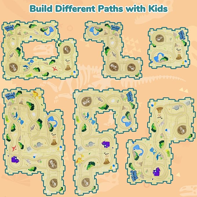 Puzzle Racer Kids Car Track Set with 2 Dino Cars, Kids Toys Boys 3-5, Toys for 3 4 5 6 Year Old Boys, Toys for Ages 3-4, Car Tracks for Toddlers, Montessori Toys for 3+ Year Old